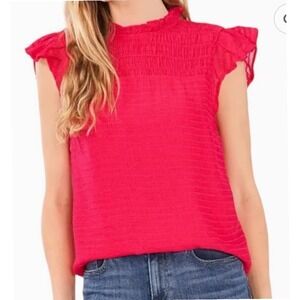CeCe Ruffle Mock Neck Top Textured Cap Sleeve Blouse Raspberry Pink Size M